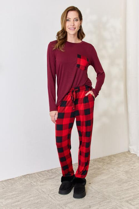 Soft Tartan Lounge Set with Crew Neck Top and Comfy Elasticized Bottoms