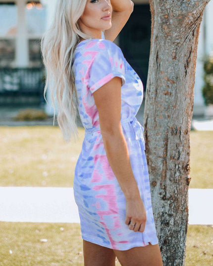Colorful Bohemian Rainbow Tie-Dye Tunic Dress with Trendy Belt Details