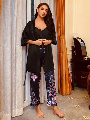 Cami, Robe, and Printed Pants Pajama Set-Trendsi-Sky Blue-S-Très Elite