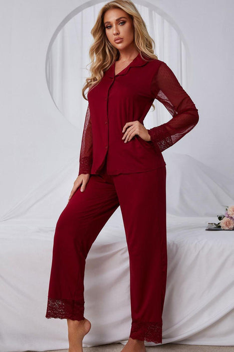 Lace Trimmed Lapel Collar Pajama Set with Splicing