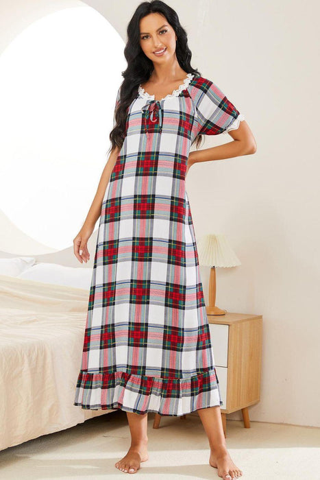 Cozy Plaid Nightgown with Lace Trim and Ruffle Detail