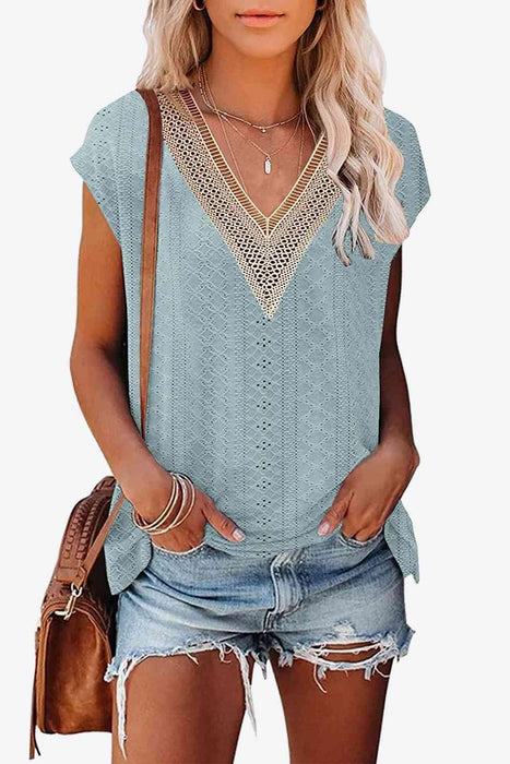 Eyelet Contrast V-Neck Tee with Chevron Detail