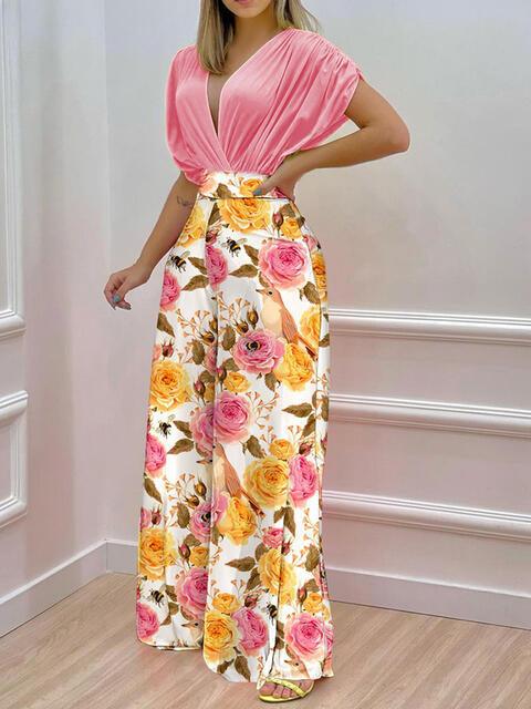Sophisticated Floral Print Top and Wide Leg Pants Set