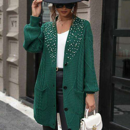 Sophisticated Pearl-Embellished Cable-Knit Cardigan with Practical Pockets