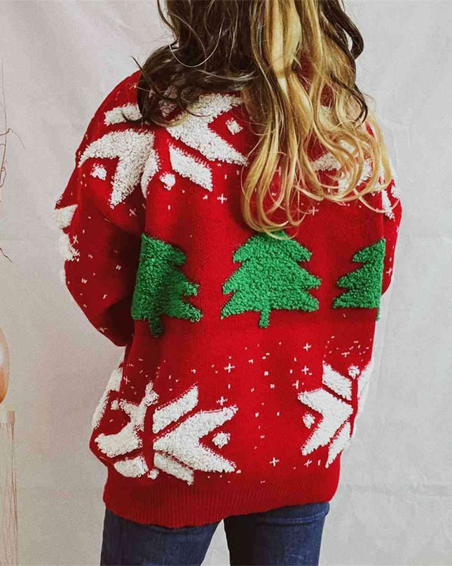 Festive Cozy Snowflake Long Sleeve Sweater with Round Neck