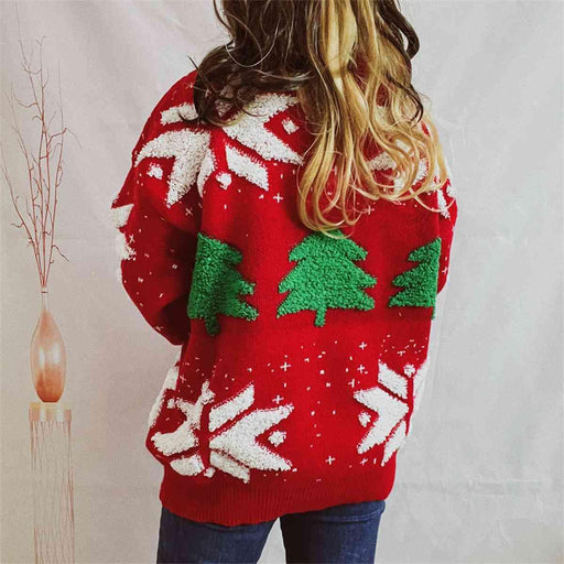 Festive Snowflake Sweater with Round Neck and Long Sleeves