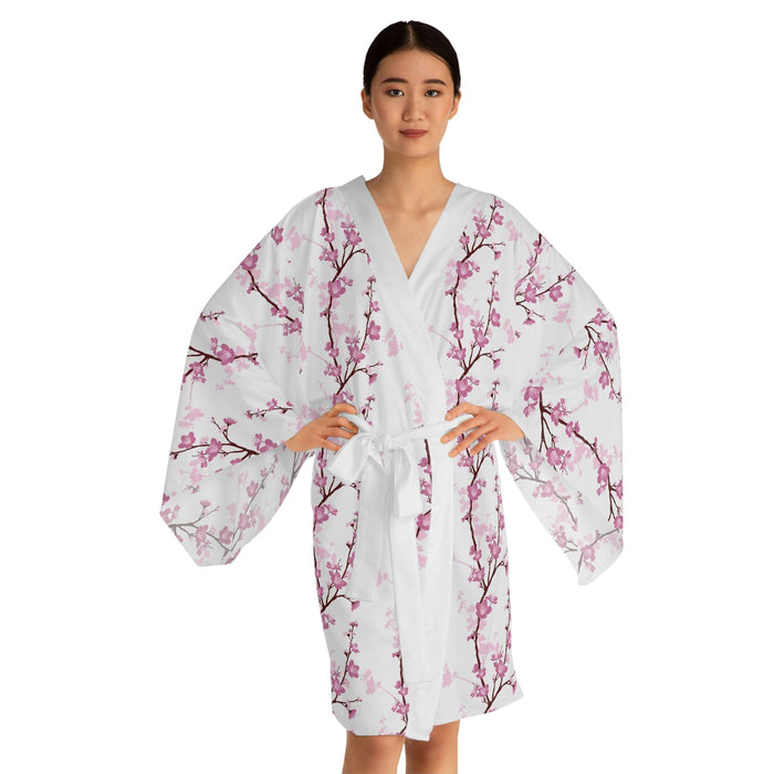 Japanese Floral Kimono Robe with Bell Sleeves and Waist Belt