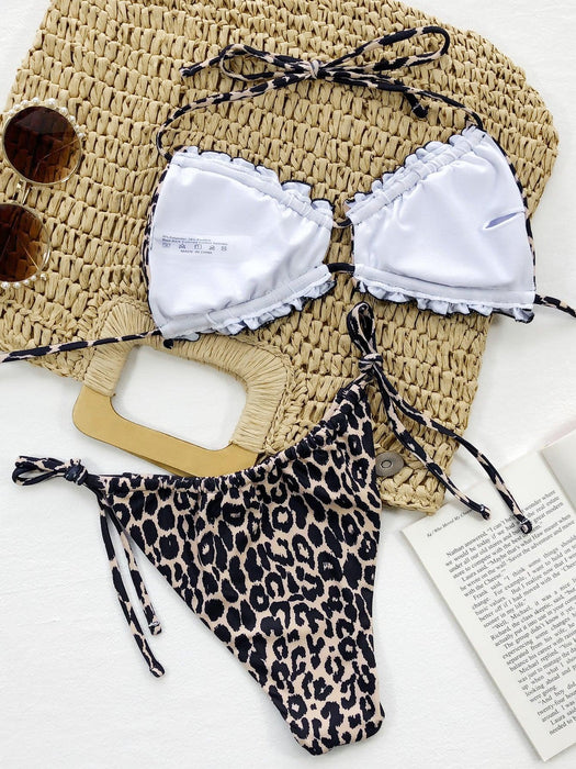 Leopard Print Tie Side Bikini Set with Frill Trim and Removable Padding