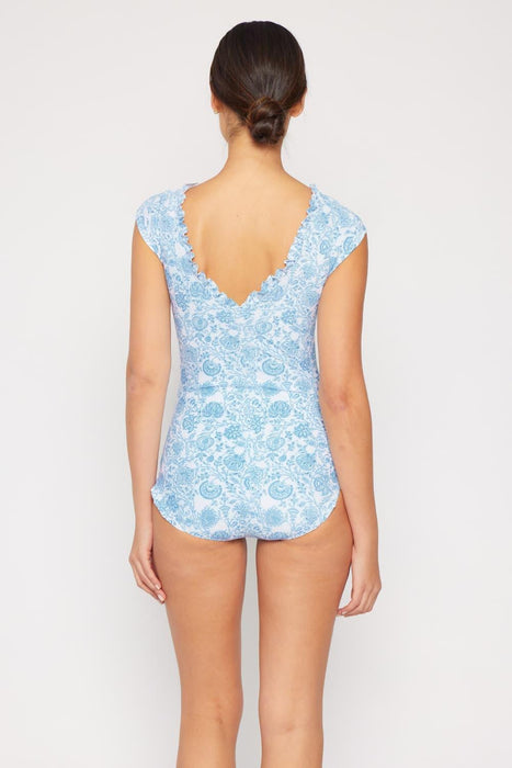 Floral Bliss V-Neck Lace-Up One Piece Swimsuit - Thistle Blue
