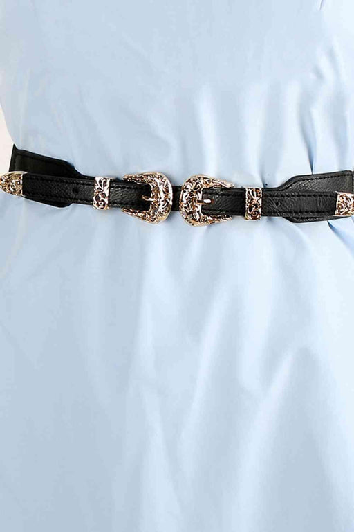 Elastic Band Double Buckle Faux Leather Belt