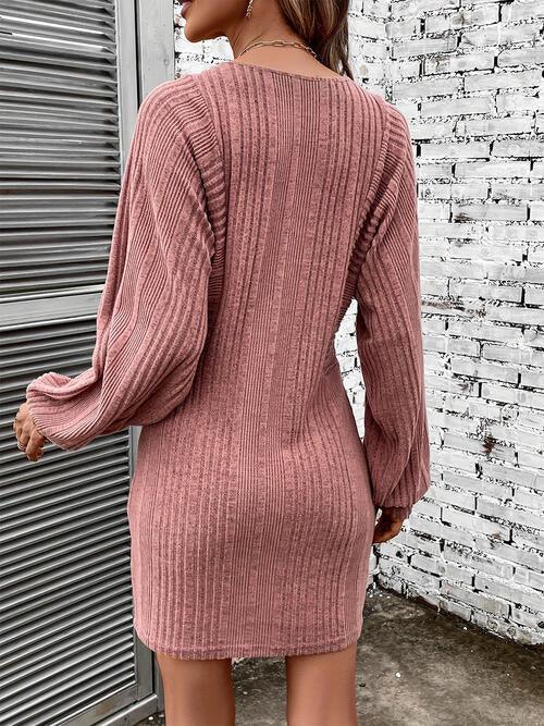 Cozy Ribbed Long Sleeve Dress with Round Neck