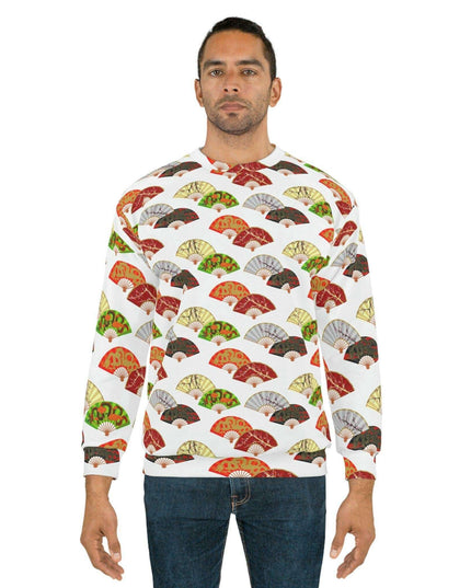 Cozy All-Over Print Crewneck Sweatshirt Featuring Japanese Fan Design