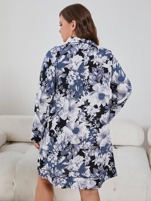 Lapel Collar Floral Print Plus Size Nightgown with Handy Pockets