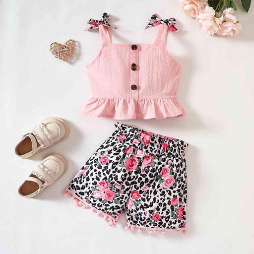 Summer Vibes: Ruffled Tank Top and Leopard Floral Shorts Set for Little Girls