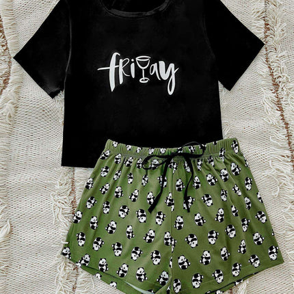 Panda Print Cozy Lounge Set with Tee and Shorts