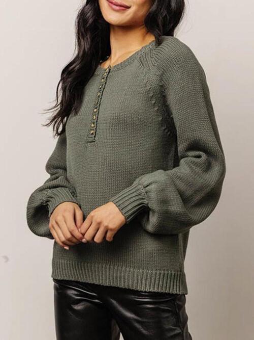 Comfy Round Neck Button-Up Sweater with Long Sleeves