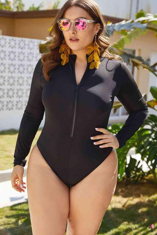 Zip Front Plus Size Long Sleeve Bodysuit Swimsuit