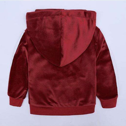 Trendy Gold Velvet Kids Hooded Pajama Set with Sporty Side Stripes