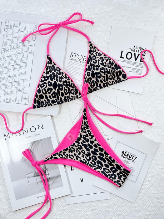 Leopard Print Halter Bikini Set with Side Ties - Trendy Beachwear Ensemble