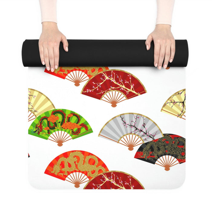 Luxury Zen Haven Rubber Yoga Mat with Japanese Fans Design - Enhance Your Practice with Elegance