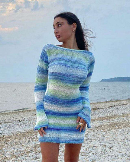 Chic Striped Bell Sleeve Dress with Back Cutout - Sophisticated Women's Fashion by JakotoNew