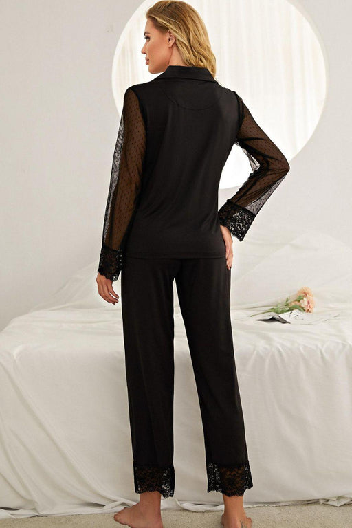 Lace Trimmed Lapel Collar Pajama Set with Splicing