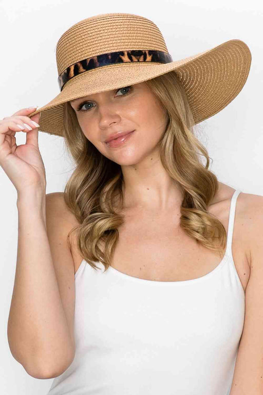 Leopard Print Straw Sunhat with Wide Brim and Belt