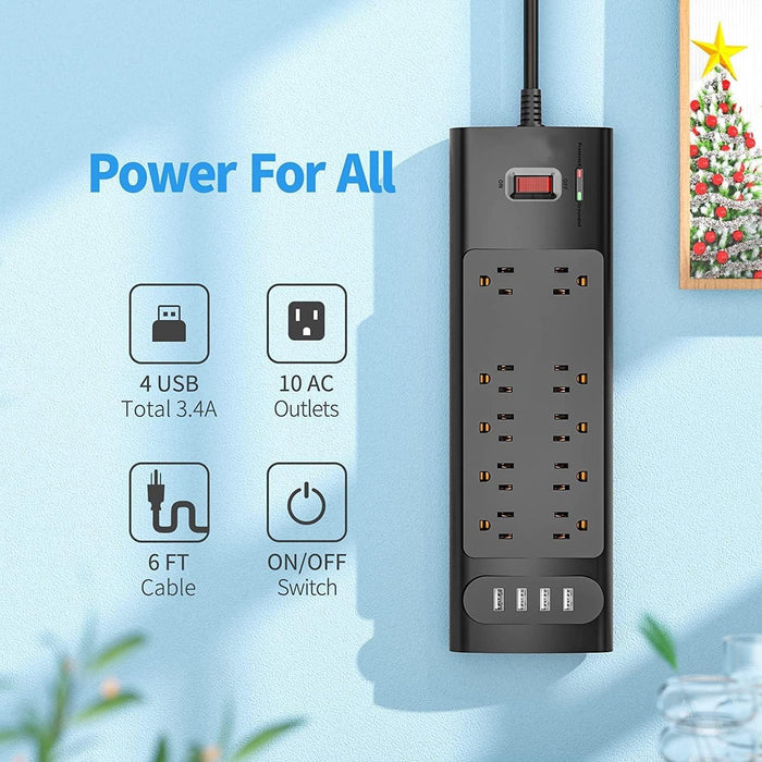 Smart Power Strip with 10 Outlets and 4 USB Ports - Advanced Surge Protection