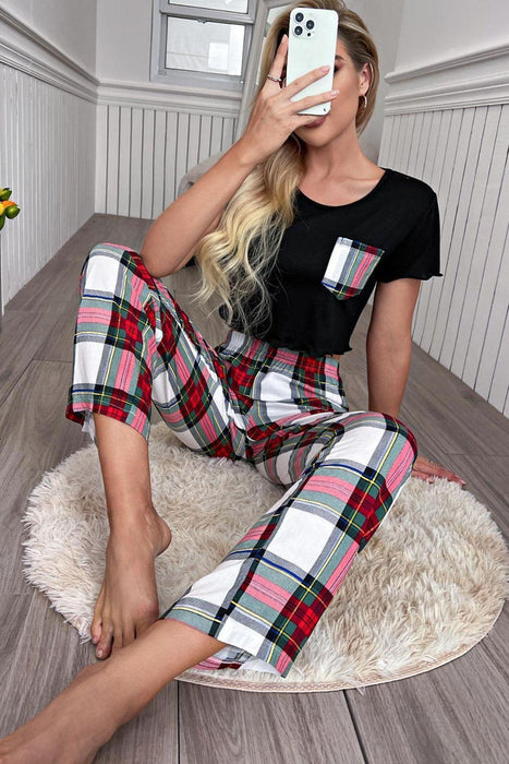 Lettuce Trim Plaid Lounge Set with Cropped T-Shirt and Pants