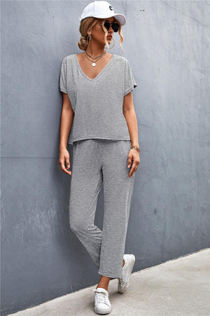 V-Neck Short Sleeve T-Shirt and Drawstring Waist Pants Set-Trendsi-Gray-S-Très Elite