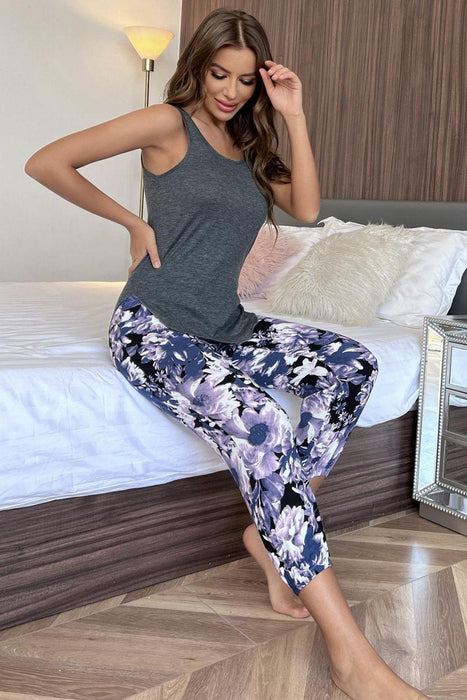 Floral Cozy Lounge Set with Scoop Neck Tank and Cropped Pants