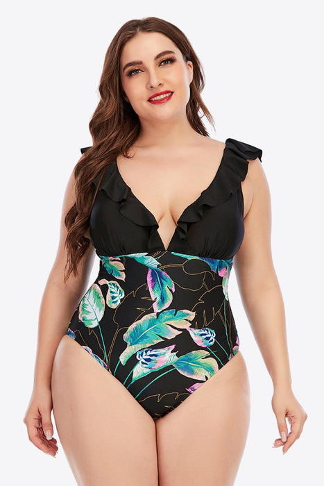 Ruffled Plunge Neckline Printed Plus Size Swimsuit