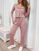 Cozy Button-Up Lounge Set with Long Sleeve Top and Pants- Two-Piece Polyester Loungewear