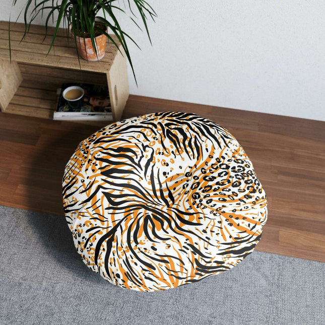 Customizable Elegant Round Tufted Floor Pillow with Chic White Accents