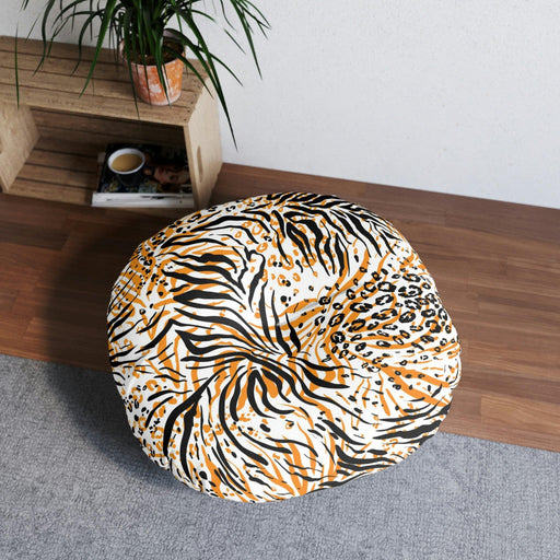 Round Tufted Floor Pillow with Customizable Design and Elegant White Stitching