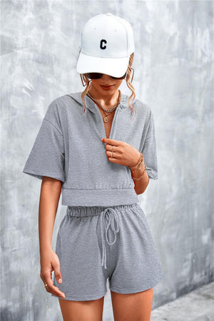 Half Zip Cropped Hooded T-Shirt and Shorts Set-Trendsi-Gray-S-Très Elite