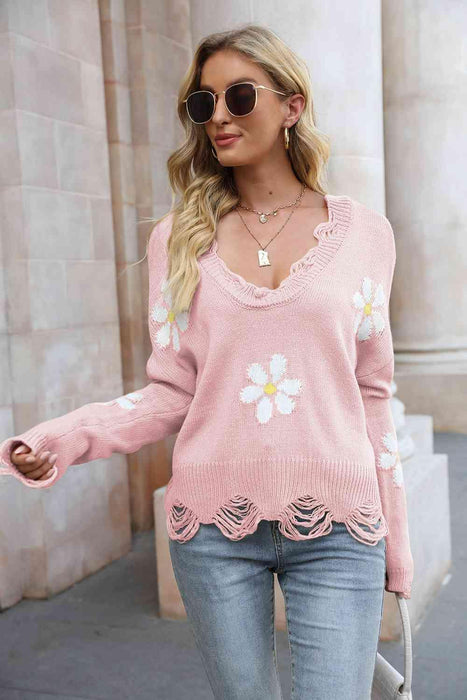 Cozy Blossom Distressed Knit Pullover