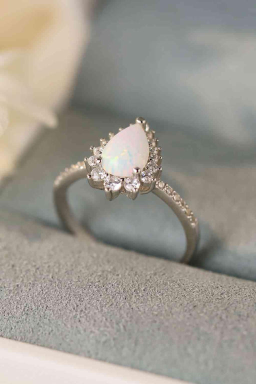Platinum-Plated Opal Pear Shape Ring with Zircon Accent Stones