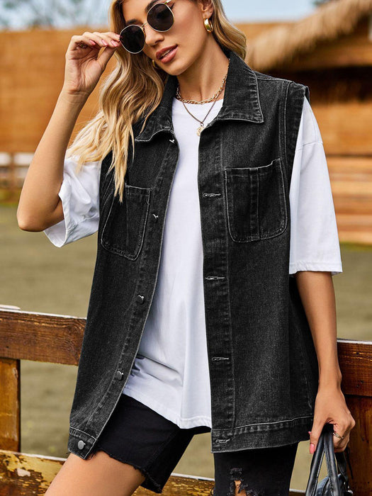 Chic Denim Sleeveless Vest with Collared Neck and Pockets