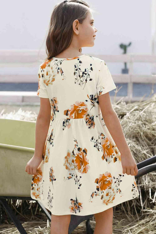 Floral Chic Girls Short Sleeve Dress with Round Neck