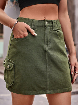 Denim Mini Skirt with Pockets-Trendsi-Army Green-S-Très Elite