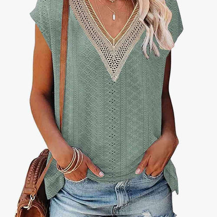 Elegant Eyelet Chevron V-Neck Tee with Stylish Openwork Design