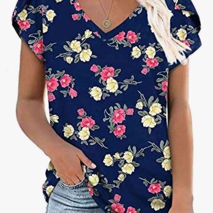Chic Floral V-Neck Top with Delightful Petal Sleeves