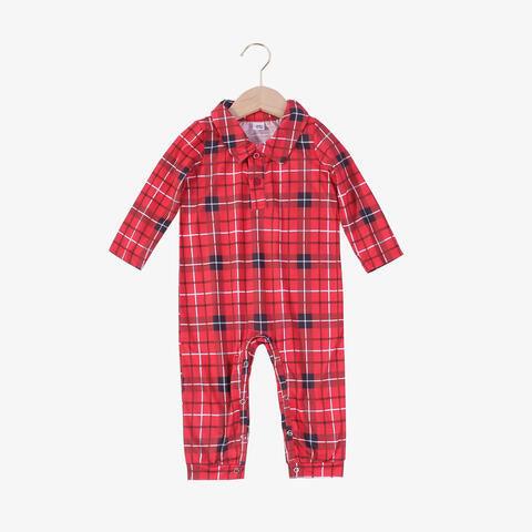 Plaid Collared Neck Long Sleeve Baby Jumpsuit