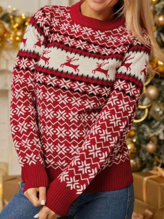 Cozy Reindeer Snowflake Print Winter Sweater