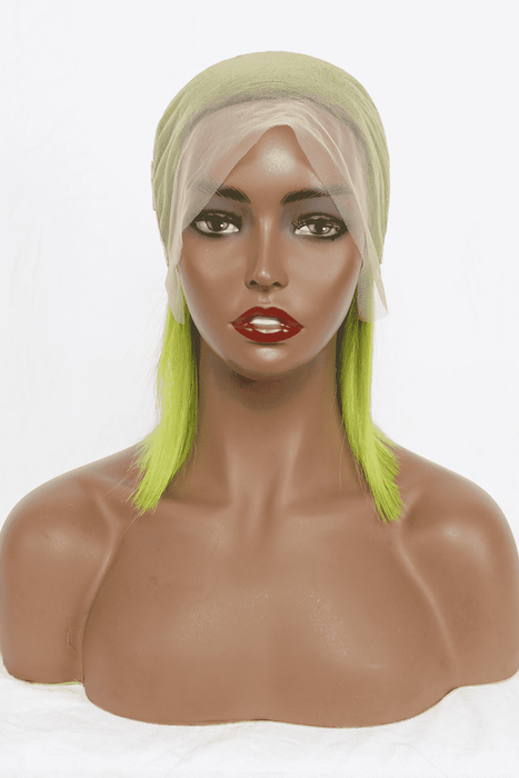 Vibrant Lime 12" Lace Front Human Hair Bobo Wig with 150% Density
