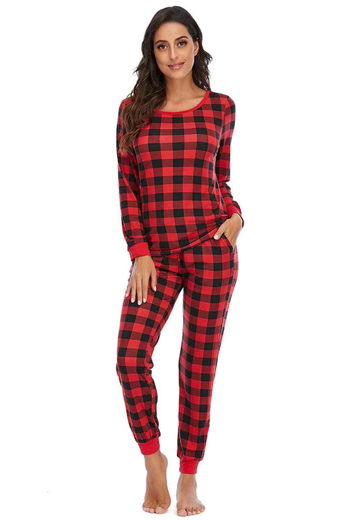 Plaid Round Neck Top and Pants Set Trendsi