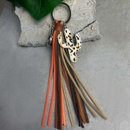 Whimsical Cactus Keychain with Leather Tassel - Trendy Keyring Fashion