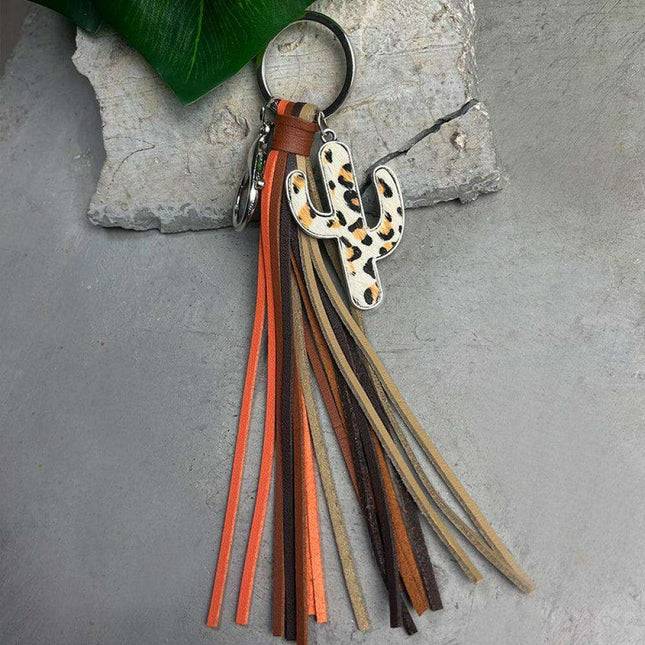 Whimsical Cactus Keychain with Leather Tassel - Trendy Keyring Fashion