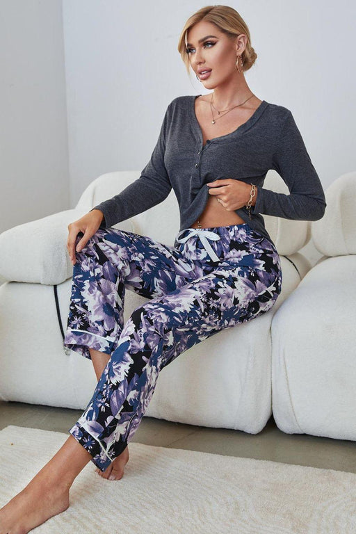 Cozy Floral V-Neck Lounge Set with Matching Pants